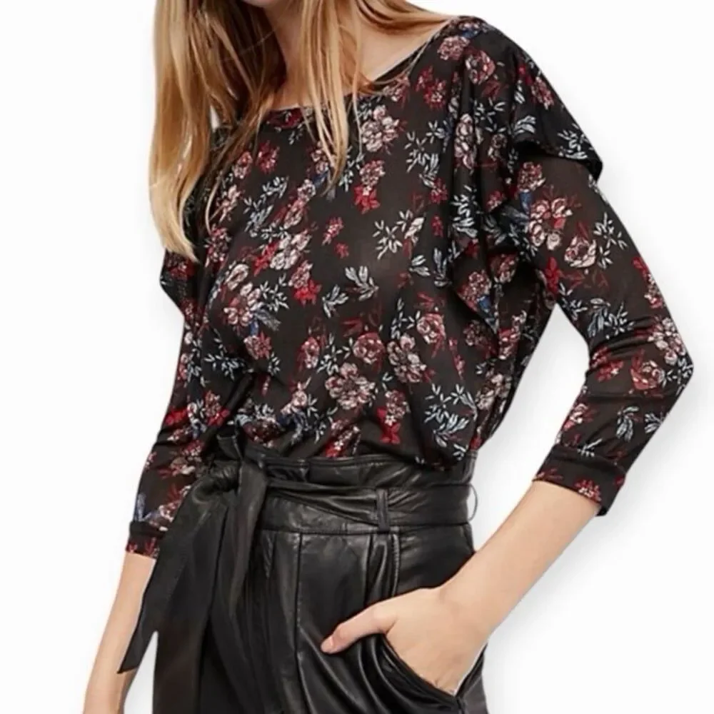 Free People XS Black Floral 3/4 Sleeve Keyhole Back Relaxed Boho Top